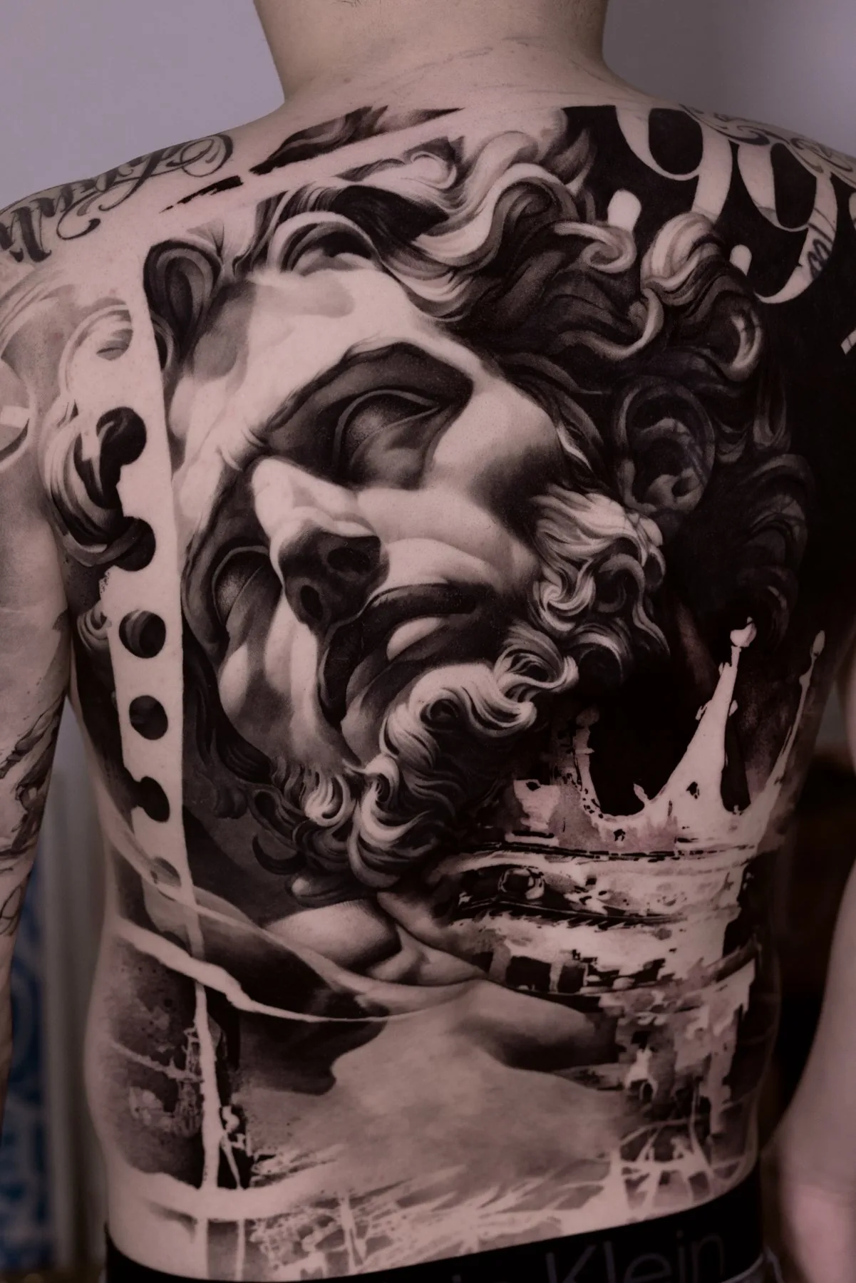 Classical black and grey full back tattoo by Moussa in Shanghai