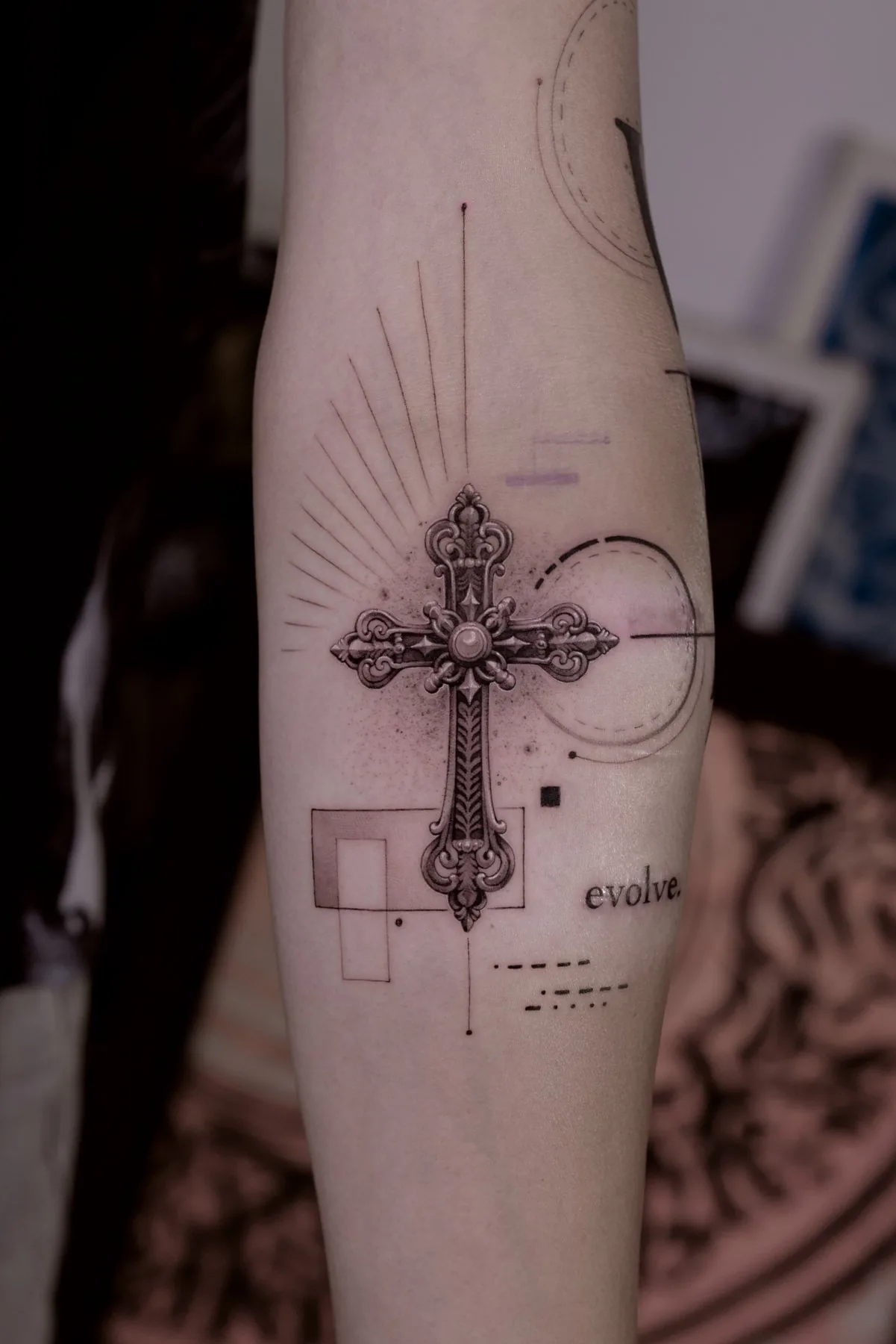 Cross / Composition tattoo on the arm by Moussa in Shanghai