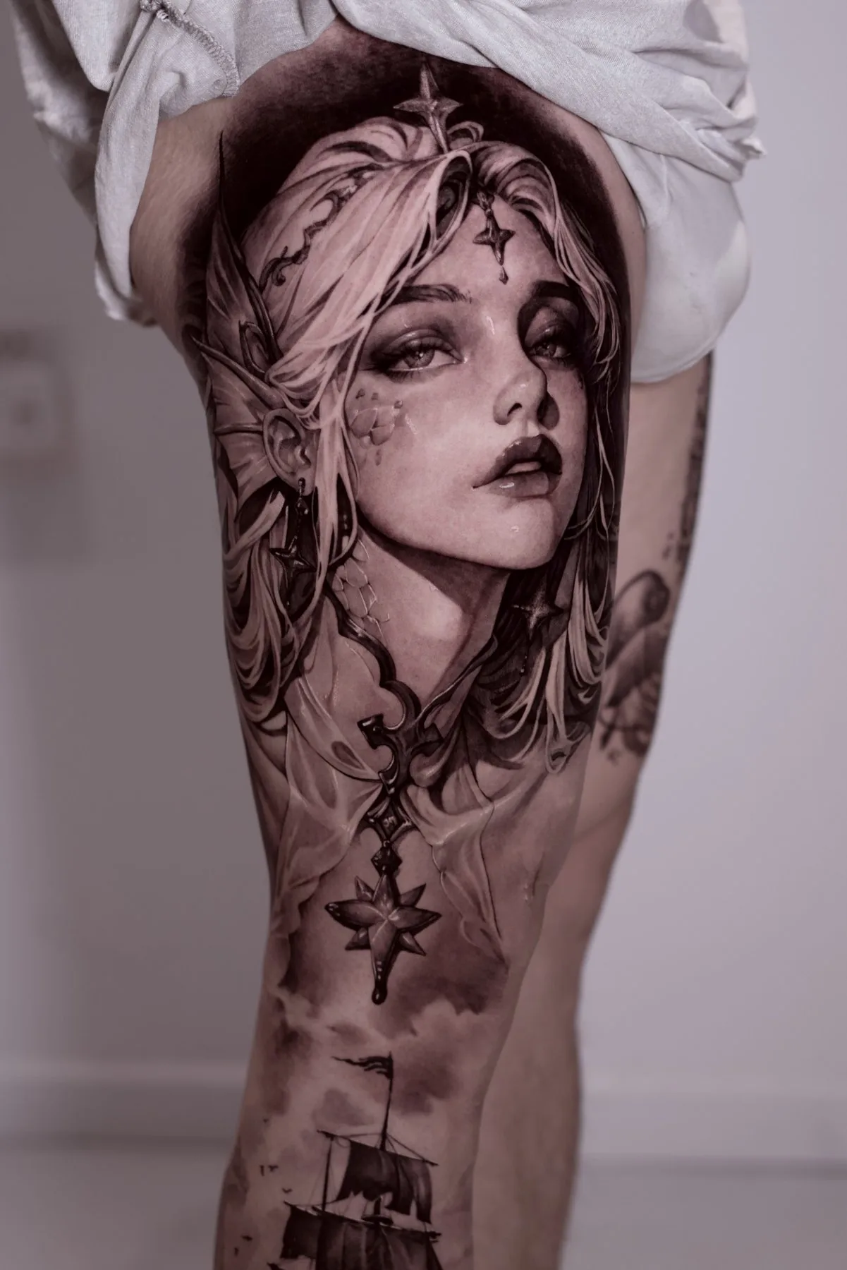 Dragon Woman tattoo on the thigh by Moussa in Shanghai
