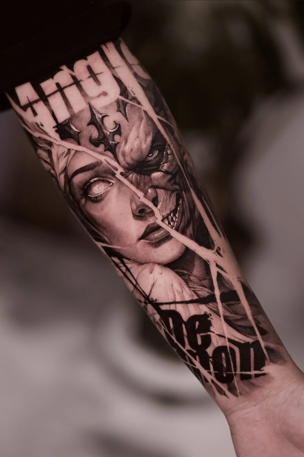 Duality / Portrait tattoo on the forearm by Moussa in Shanghai