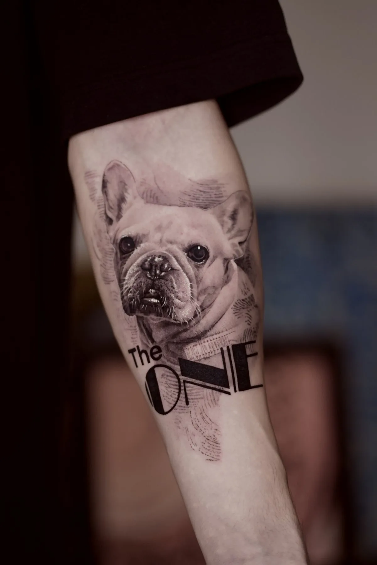 French Bulldog tattoo on the arm by Moussa in Shanghai