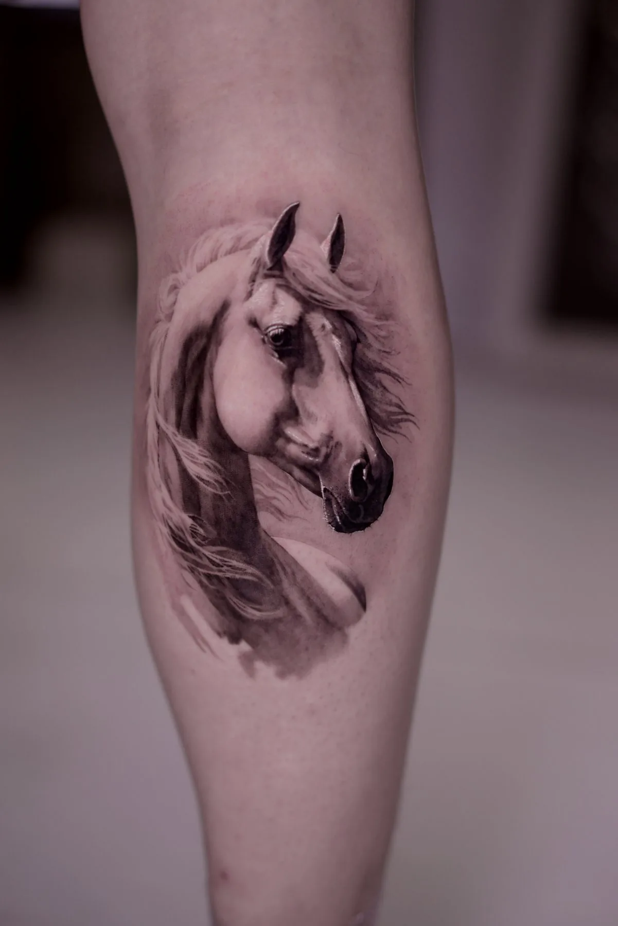Horse / Portrait tattoo on the calf by Moussa in Shanghai