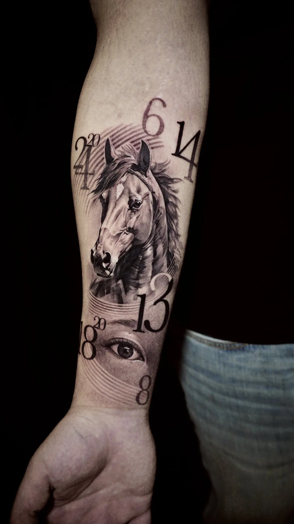 Horse / Numbers tattoo on the forearm by Moussa in Shanghai