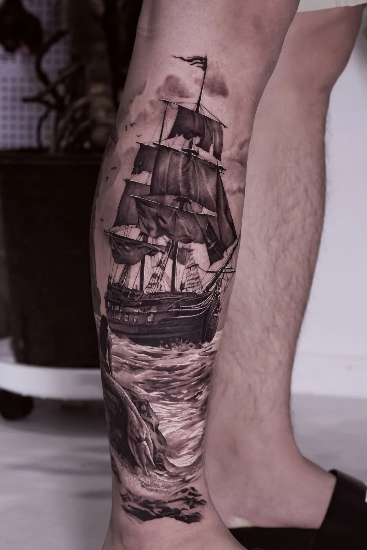 Sailing Ship / Calf tattoo on the calf by Moussa in Shanghai