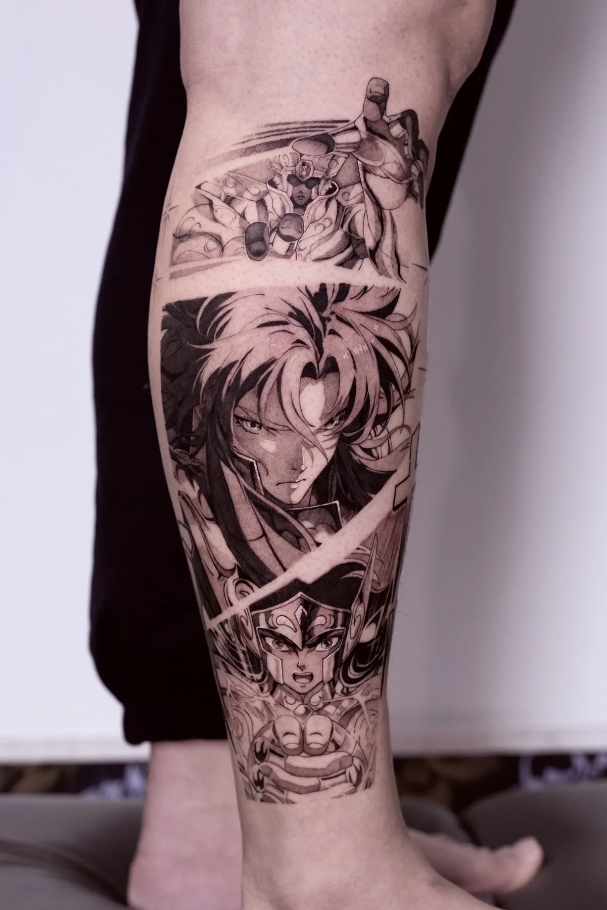 Saint Seiya tattoo on the calf by Moussa in Shanghai
