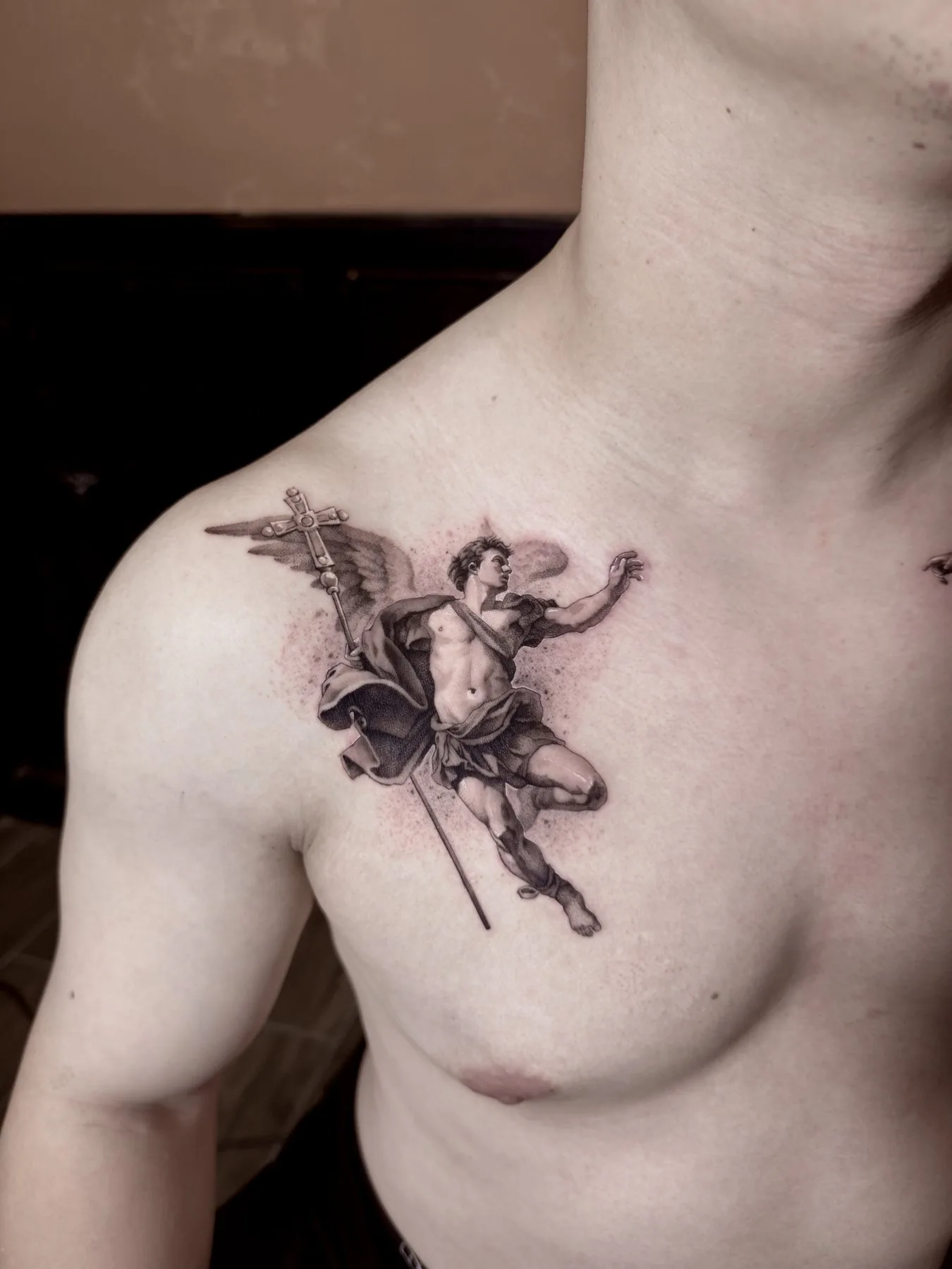 Angel / Classical tattoo on the chest by Moussa in Shanghai