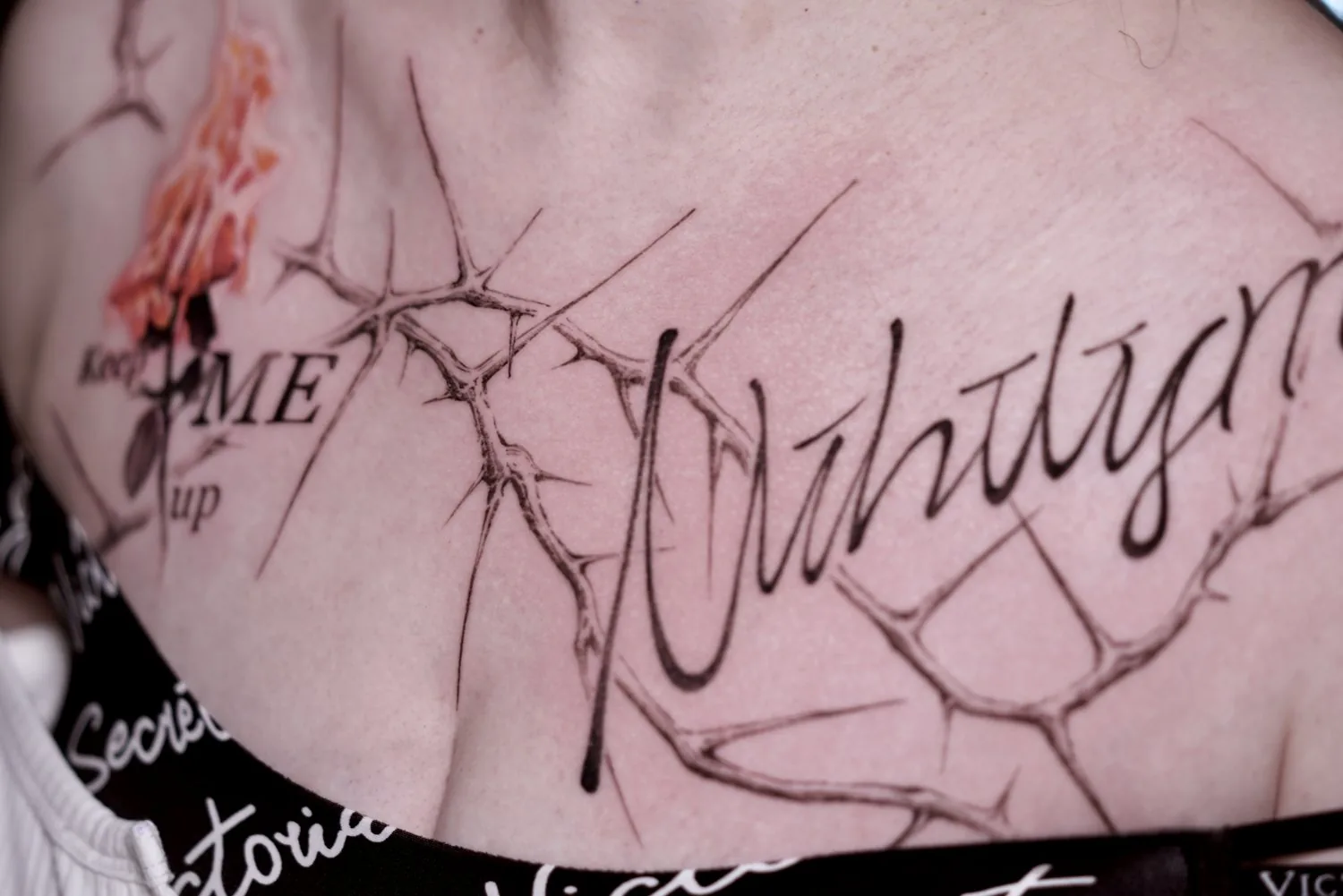 Vintage / Lettering tattoo on the chest by Moussa in Shanghai