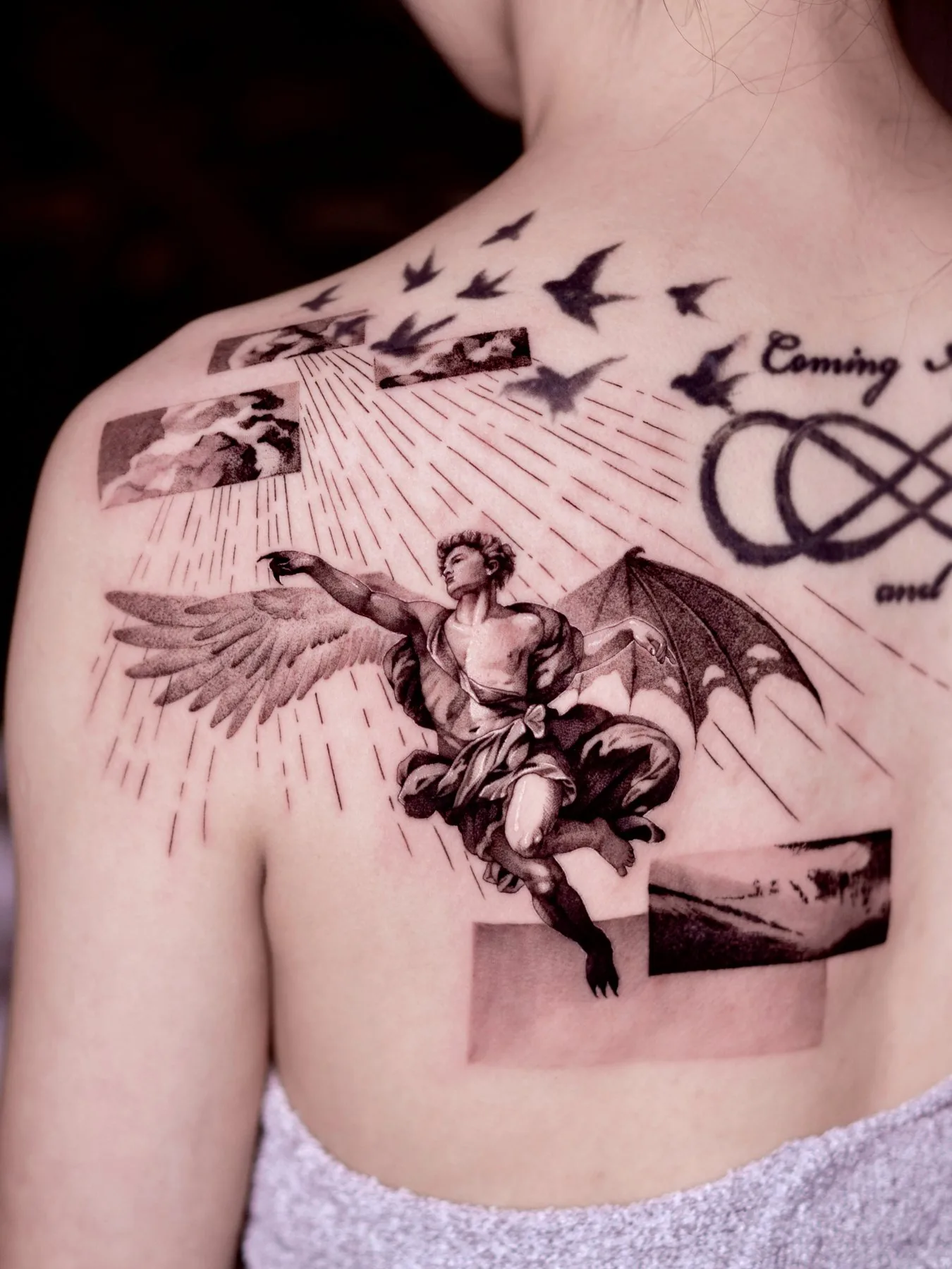 Winged Figures / Collage tattoo on the back by Moussa in Shanghai